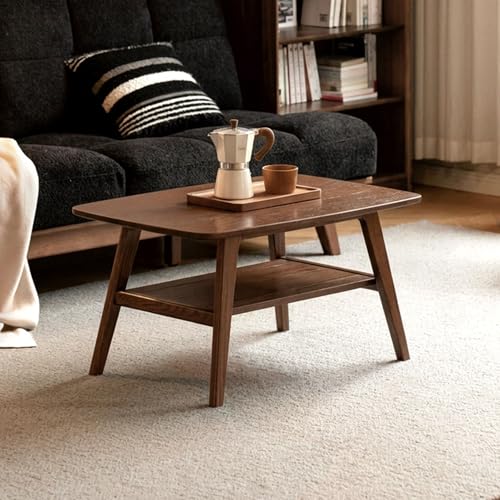 100% Solid Oak Wood Coffee Table for Living Room, 2-Tier Small Table with Storage Shelf, Mid Century Modern Coffee Tables (Walnut, 31.49" x 19.68" x 17.32")