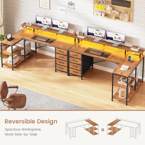 L Shaped Desk with 4 Drawers and Storage Shelves, L Shaped Gaming Desk with LED Lights & Power Outlets, Computer Desk with Shelves & Drawer, Corner Desk Home Office Desk, Rustic Brown