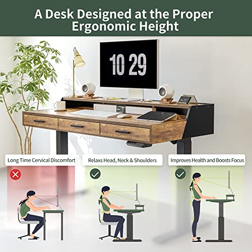 Standing Desk 48x26 Inches with 3 Wood Drawers and Monitor Shelf, Ergonomic Rising Home Office Desks, Height Adjustable Computer Desk, Sit Stand Up Electric Workstation Table, Brown