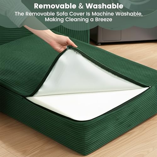 80" Convertible Sofa Bed, 5 in 1 Modular Boneless Couch Sleeper Sofa Bed with Fixed Frame & Removable Backrest Pillow, Washable Corduroy Futon Sofa Bed Couch in a Box for Small Spaces, Dark Green