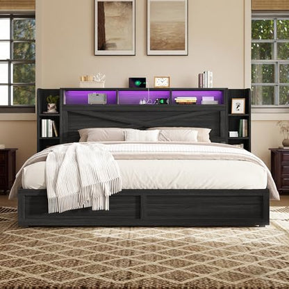 45'' Farmhouse King Bed Frame with Headboard & Storage, Black, view 2