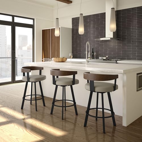 Lars 26" Swivel Counter Height Barstool, Upholstered Stool with Solid Wood Back and Arms for Kitchen Island or Bar, Drees Stool, Greige Faux Leather/Brown Wood/Black Metal