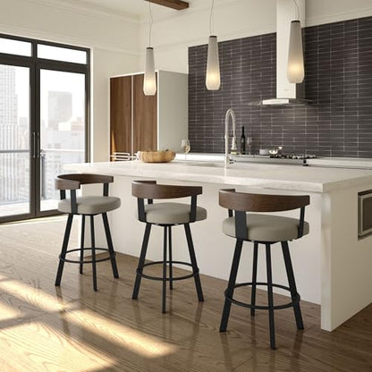Lars 26" Swivel Counter Height Barstool, Upholstered Stool with Solid Wood Back and Arms for Kitchen Island or Bar, Drees Stool, Greige Faux Leather/Brown Wood/Black Metal