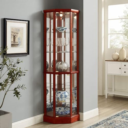 6 Shelf Lighted Corner Curio Cabinet with Adjustable Tempered Glass Shelves and Mirror Back, Cherry(E26 Light Bulb not Included)