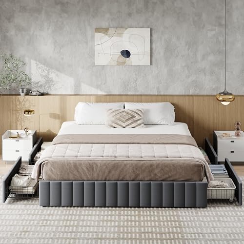 King Size Platform Bed Frame with 4 Large Storage Drawers, view 4