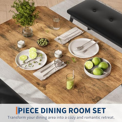 Dining Table for 4, 3-Piece Kitchen Table Set for 4 with Wooden Tabletop and Metal Frame, Industrial Kitchen Table with 2 PU Leather Benches for Bar, Dining Room, Restaurant(43''x28''x30''), Retro