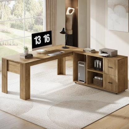 63" L Shaped Executive Desk with Mobile File Cabinet, Brown, view 2