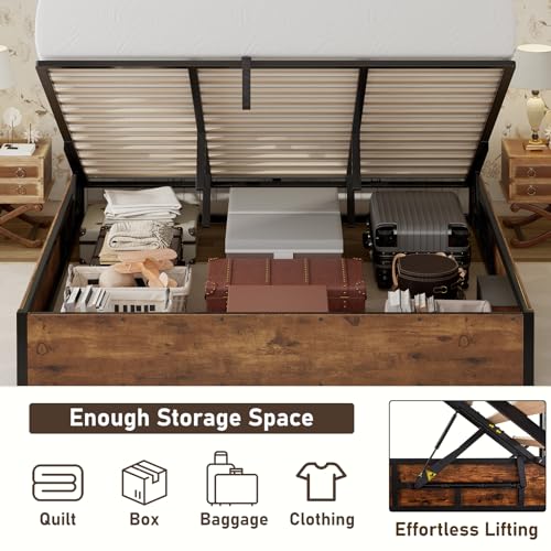 King Size Bed Frame with Lift Up Storage, Rustic Brown, view 6