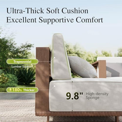 HDPE Patio Furniture Set, Modern Outdoor Sectional Sofa Set with 9.8" Cushions and 43.5" Wood Grain Coffee Table, Deep Seating Outdoor Conversation Set for Backyard(Beige, 5 Pieces)
