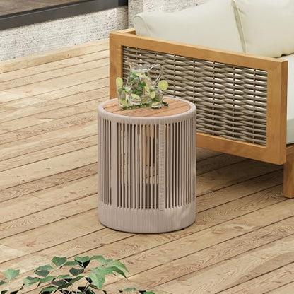 Outdoor Rattan Rope & Acacia Wood Side Table – Patio Balcony Furniture for Garden, Yard, or Indoor Use | 15” Round Top | Modern & Rustic Decor, Nightstand, End Table, or Entryway Accent (Teak+ Beige)