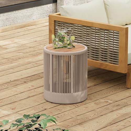 Teak and beige rattan rope and acacia wood round side table, view 2