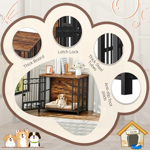 Foldable Dog Crate Furniture with 360° Rotating Double Bowls, view 5