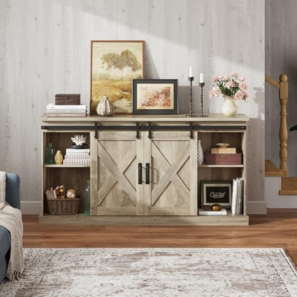Farmhouse TV Stand for 65 Inch TV, Sliding Barn Doors, Grey Oak, view 4