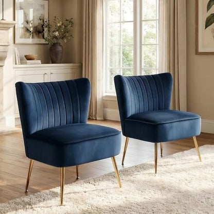 Modern Accent Chair Set of 2 Velvet Slipper Chair with Gold Legs Wingback Side Chair for Living Room Bedroom Entryway Small Corner Chair for Space Saving, Blue