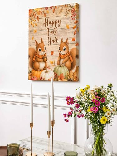 NuYeBiofx Happy Fall Y'all Words Squirrel Canvas Wall Art Prints,48"x32" Framed Picture Artwork Farm Wood Board Background Printed Canvas Oil Painting for Living Room Bedroom Office,Ready to Hang