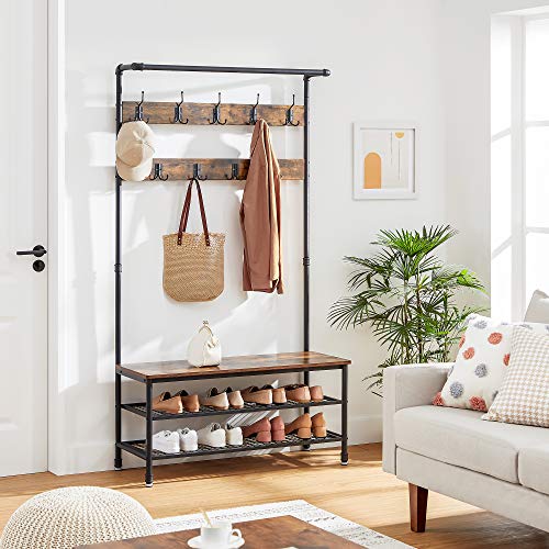 VASAGLE Coat Rack and Storage Bench, Hall Tree with 9 Hooks, Steel Frame, view 5