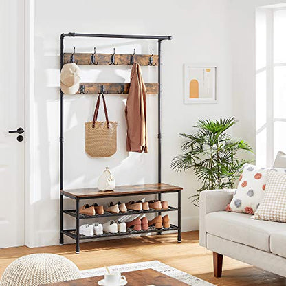 VASAGLE Coat Rack and Storage Bench, Hall Tree with 9 Hooks, Steel Frame, view 5