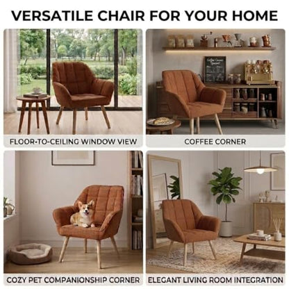 Modern Accent Chair with Solid Wood Legs, Upholstered Comfy Armchair for Living Room, Bedroom, Reading Nook, Cozy Fabric Single Sofa (Brown, A)