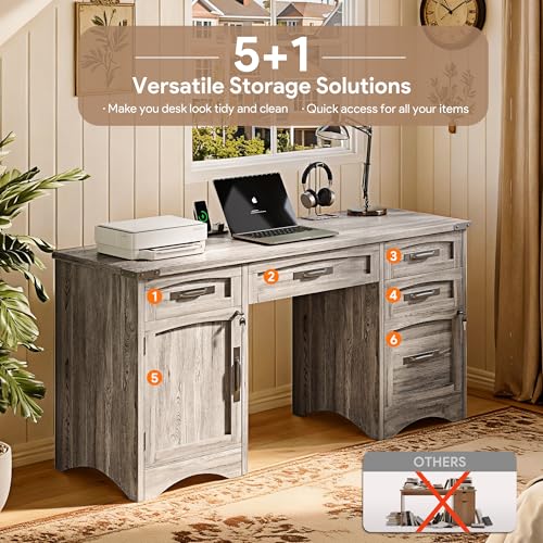Farmhouse Computer Desk with 5 Drawers and Power Outlets, view 6