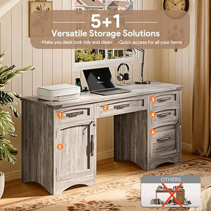 Farmhouse Computer Desk with 5 Drawers and Power Outlets, view 6