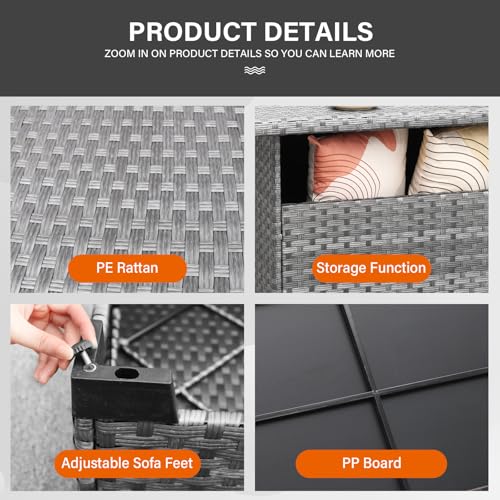 Outdoor PE Wicker Coffee Table - Patio Rattan Garden Furniture Multi-Functional Storage Tea Dining Table, Grey