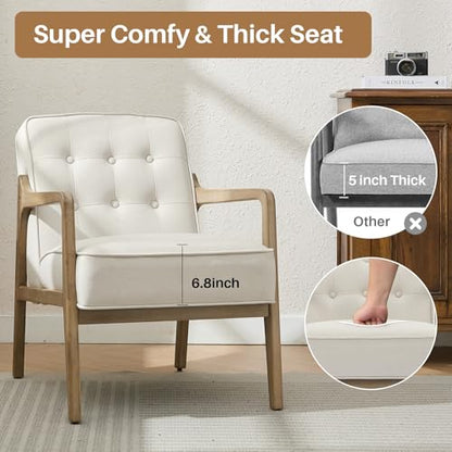 Linen Accent Chair, Mid Century Modern Chair for Living Room, Upholstered Comfy Lounge Armchair with Solid Wood Frame, Reading Side Chair for Bedroom,105°Ergonomic Comfort, White