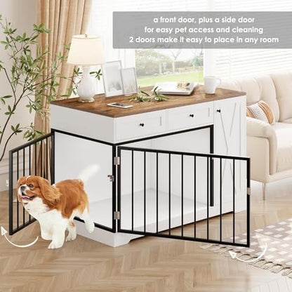 Wooden Dog Crate Furniture, Indoor Pet House with Double Doors & 2 Drawers, view 7