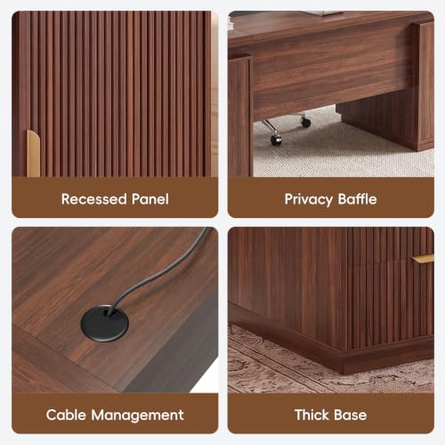 71" Office Desk with Storage, Fluted ExecutiveDesk with Drawers, Walnut, view 7