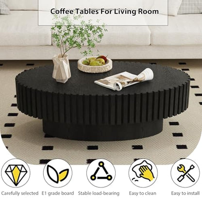 Oval Fluted Coffee Table Mid Century Modern Coffee Tables with Handcrafted Relief Ellipse Drum End Table Rustic Industrial Center Tables for Apartment Living Room (Black Oval)