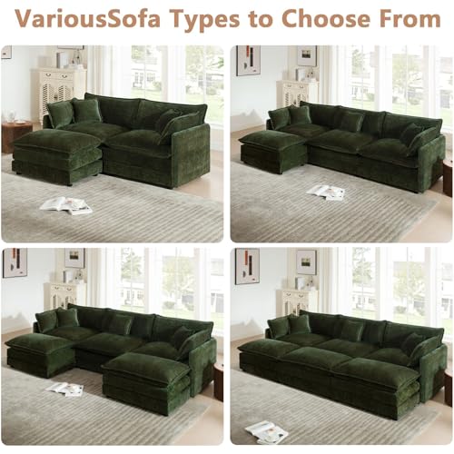 76.7" Green L Shaped Cloud Couch, Modern Chenille Modular 2 Seater Loveseat Sofa with Movable Ottoman, Deep Seat Sectional Couch with Pillows for Small Place, Living Room Apartment Office