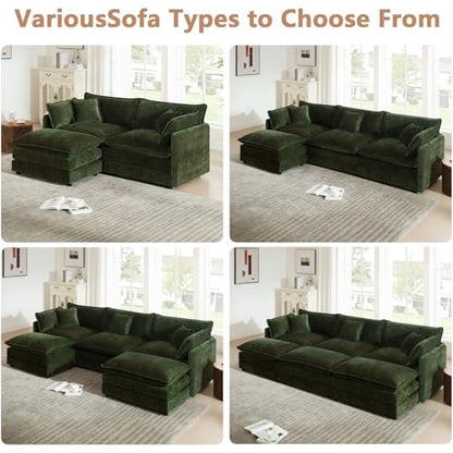 76.7" Green L Shaped Cloud Couch, Modern Chenille Modular 2 Seater Loveseat Sofa with Movable Ottoman, Deep Seat Sectional Couch with Pillows for Small Place, Living Room Apartment Office