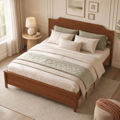 King Size Bed Frame with Headboard, Wood Platform Bed (Walnut), view 2