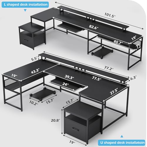 U Shaped Desk,101.5''Reversible L Shaped Home Office Desk with Drawer & Power Outlet,Computer Two Person Desk with Monitor Shelf, Keyboard Tray, Black