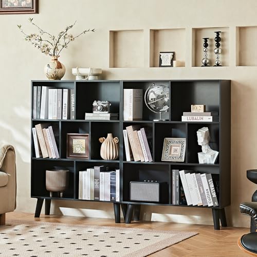 Cube Bookshelf, Mid-Century Modern Book Shelf with Legs, Black, view 6