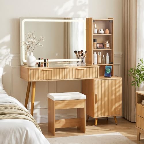 48 In Makeup Vanity Desk with Lighted Mirror, Fluted Vanity Table with Glass Top, view 2