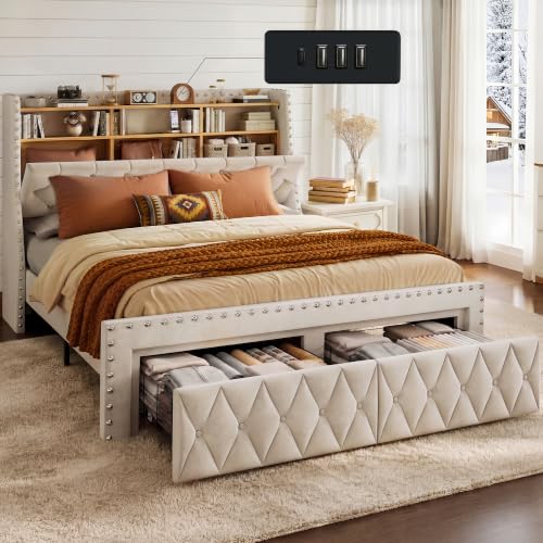 Queen Size Bed Frame with 3-Tier Storage & Headboard Load 1000lbs, view 2