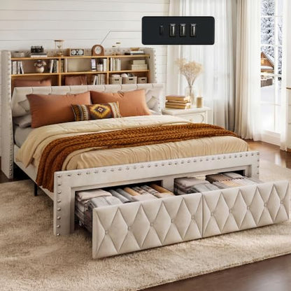 Queen Size Bed Frame with 3-Tier Storage & Headboard Load 1000lbs, view 2