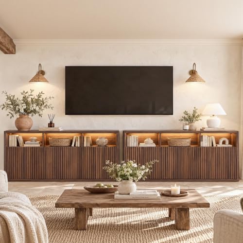 71" Fluted Sideboard Buffet Cabinet with Lights & Outlets, Walnut, view 5