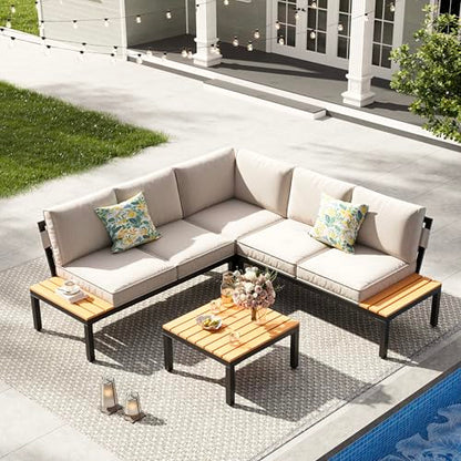 4-Piece Patio Furniture Set,Metal Outdoor Sectional Sofa with 3 Fauxwood Tables &Adjustable Reclining Chair,Patio Modular L Shape Sofa with Thickened Cushions for Backyard,Deck,Balcony,Beige