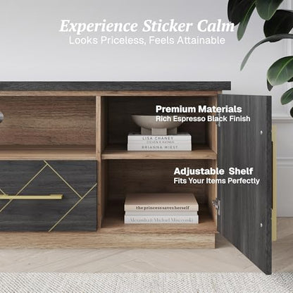 70 Inch Modern TV Stand with Gold Trim, Elegant Entertainment Center with Storage, Media Console Table with Drawers & Open Shelves for Living Room (Espresso Black)