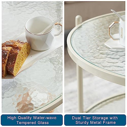 25.6" Small Cream White Round Coffee Table Water-Wave Glass Circle Clear Coffee Table, Center Table with 2-Tier Modern Storage Design for Living Room, Bedroom, Meeting Room, Balcony, Beige