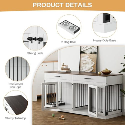 72" Double Dog Crate Furniture for Medium Large Dogs, White, view 5