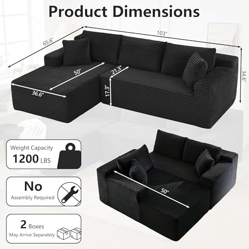 103" Black Boneless Couches for Living Room, L-Shaped Cloud Sectional Sofa with Chaise, Corduroy Foam Compression Modular Set for Apartment Home Office, No Assembly Required