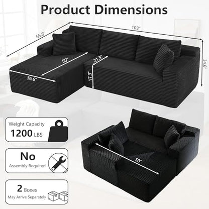 103" Black Boneless Couches for Living Room, L-Shaped Cloud Sectional Sofa with Chaise, Corduroy Foam Compression Modular Set for Apartment Home Office, No Assembly Required