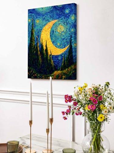 NuYeBiofx Abstract Moon Night Valley Forest Canvas Wall Art Prints,48"x32" Framed Picture Artwork Mystical Impressionist Art Printed Canvas Oil Painting for Living Room Bedroom Office,Ready to Hang