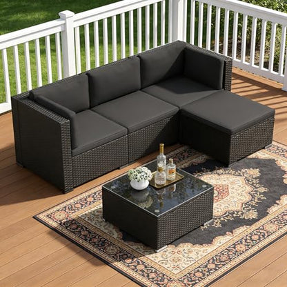 5-Piece Outdoor Patio Furniture Set, All-Weather PE Rattan Sectional Sofa with Ottoman, Glass Coffee Table & Cushions, Modular Wicker Conversation Set for Backyard, Garden, Porch, Dark Grey