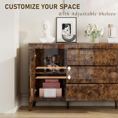 60" Glossy Burl Wood Sideboard Buffet with Storage, view 7