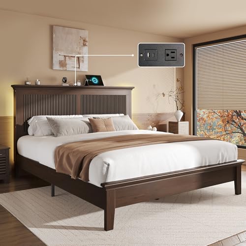 Wood Queen Bed, Solid Wood Bed With Tall Headboard, American Vintage Design, view 2
