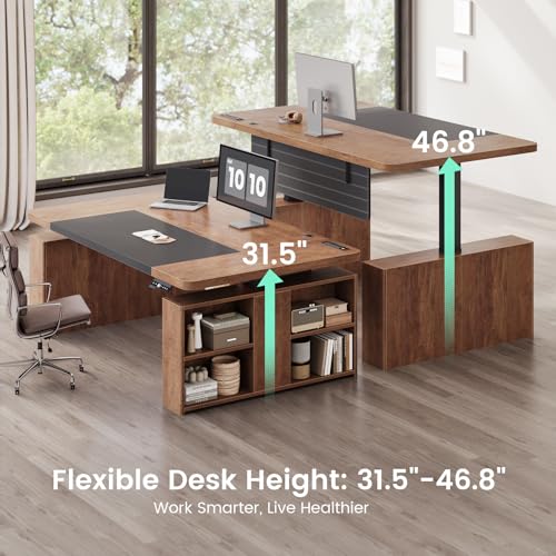63" Executive Standing Desk with Storage, Executive Height Adjustable Desk with Power Outlets, Large Computer Office Desk with Privacy Panel for Home Office, Warm Golden Brown