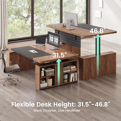 63" Executive Standing Desk with Storage, Executive Height Adjustable Desk with Power Outlets, Large Computer Office Desk with Privacy Panel for Home Office, Warm Golden Brown
